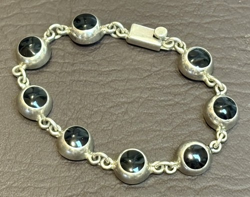 Vintage Mexiko Taxco Sterling rund Onyx Inlay klobig Tennis Armband 925 7,5"