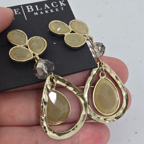 White House Black Market Earrings Drop Tan Gold Tone Rhinestone Teardrop Boho - Picture 4 of 6