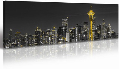 JiazuGo Seattle Canvas Wall Art Decor, 14x48 Inch Black White Skyline Framed