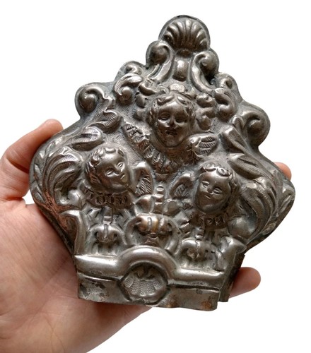 *HH* Antica Scultura Religiosa Sacra Bassorilievo Putti Angeli Ex Voto Croce - Foto 6 di 17
