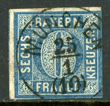Germany States 1862 Bavaria 6 Kr Blue Scott #11 VFU M351