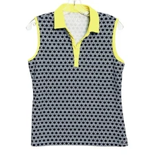 Nivo Sport Polo Golf Black Bright Yellow Geo Floral Sleeveless Shirt Top Sz S