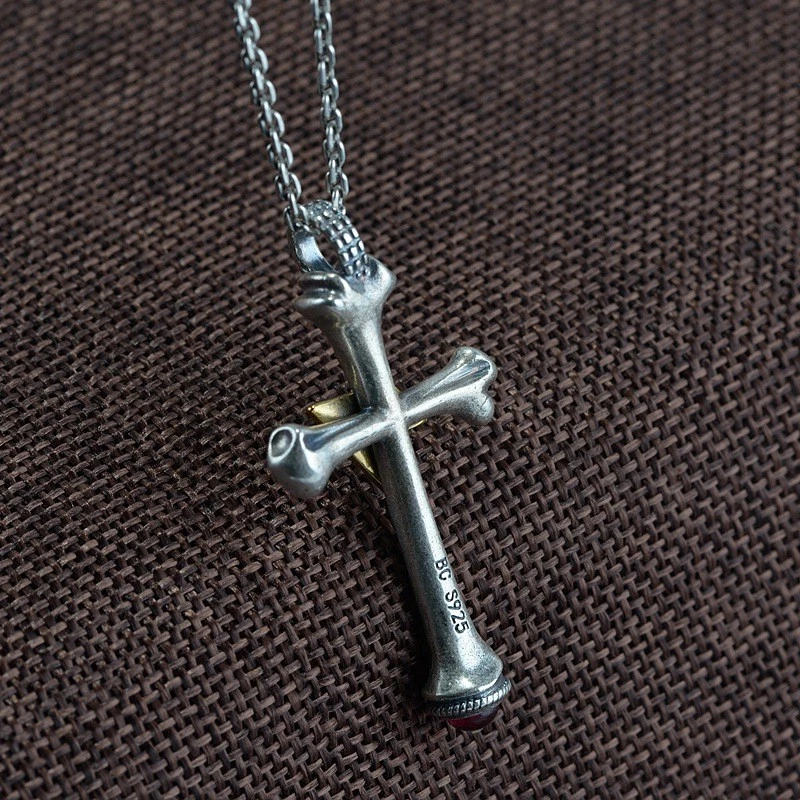 S925 Серебряный кости крест подвеска молнии болт двухцветный латуни красный драгоценный камень матовый 13g - Изображение 4 из 4