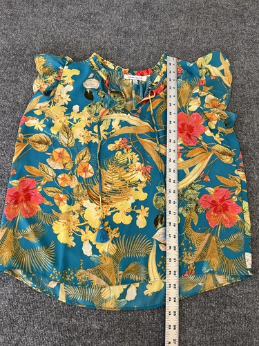 Blusa rosa + oliva para mujer verde azulado medio floral tropical manga acampanada borla - Imagen 5 de 9