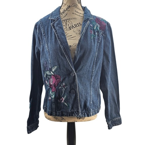 Christopher & Banks Womens Denim Jacket Embroidered Flowers Blue Size L - Picture 1 of 9