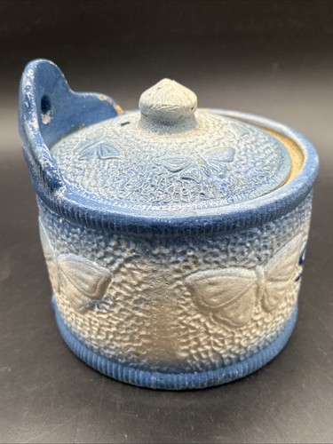 Antique Blue & White Salt Glaze Salt Crock Butterfly Pattern Farmhouse Decor - Picture 5 of 17