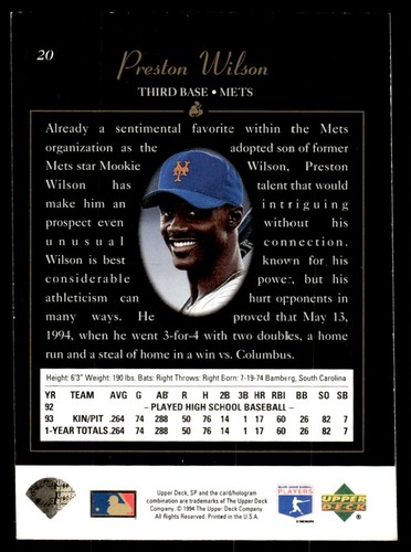 1994 SP Preston Wilson New York Mets #20 - Picture 2 of 2