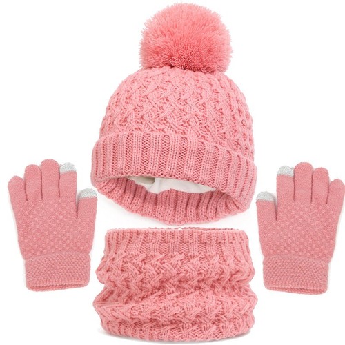 3PCS/set Kids Hat Scarf Gloves Set Baby Winter Warm Girls Boys Pompom Beanie Cap - Foto 16 di 21