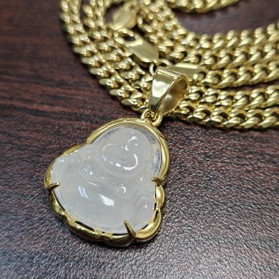 Iced Jade GOLD Stainless Steel Hip Hop BUDDHA Pandent with 24'' Cuban Link Chain