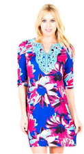 Tracy Negoshian Emilia Floral Shift Dress Crochet Neckline Colorful Resort Sz XS