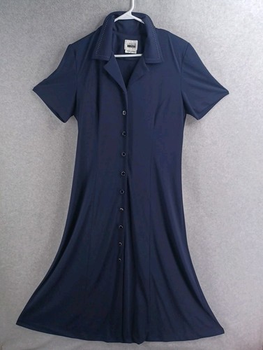 Vestido largo vintage Leslie Fay Business maxi botones talla 14 azul marino costuras años 80 - Imagen 3 de 17