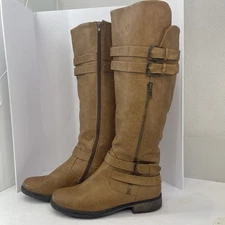 BareTraps Sheela Knee-High Boots 10M Cognac Brown Zip Buckle Riding Biker
