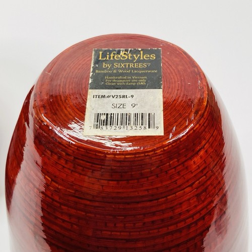 SixTrees LifeStyles Deep Red Lacquered Handcrafted Spun Bamboo 8” Bowl 9” Vase - Picture 7 of 12