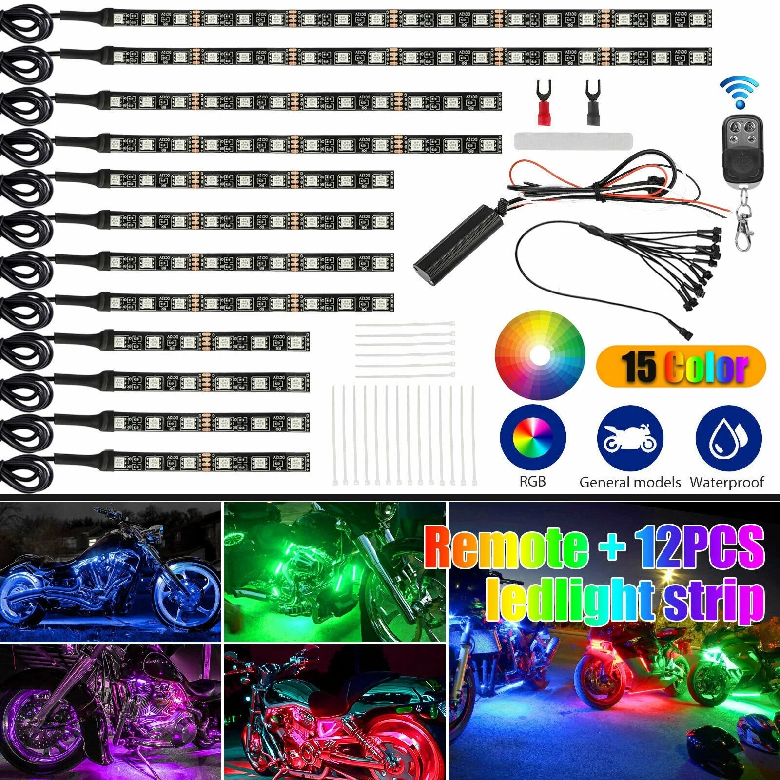 12Pcs Motorcycle RGB Under Glow Lights Strip LED 5050 Neon Kit Remote Waterproof