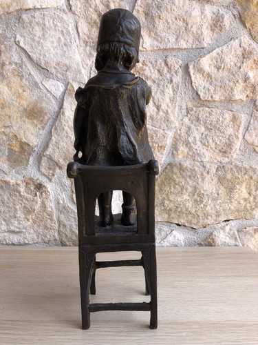 Scultura Vintage In Bronzo, Bimba Su Sedia - Foto 7 di 13