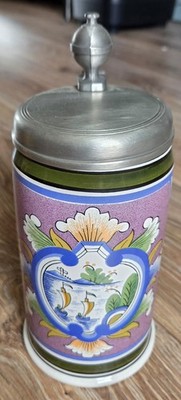 Großer RASTAL Bierkrug mit Zinndeckel   Blumen & Schiffsdekor   20 cm   Sammler