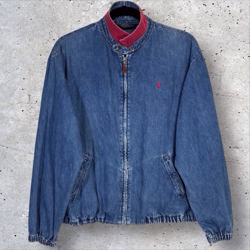 Vintage Polo Ralph Lauren Mens XL Denim Harrington Jacket Red Collar 80s 90s Y2K - Picture 1 of 13
