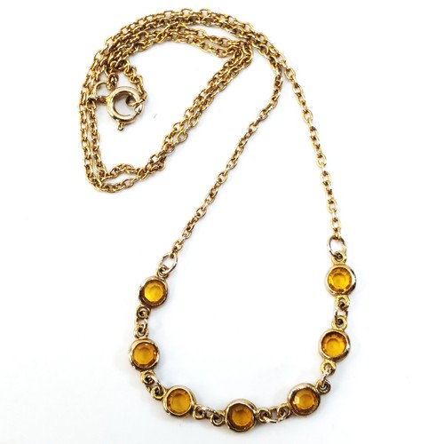 Gold Tone with 7 Citrine Color Rhinestones Necklace 16" Long Spring Ring Clasp - Picture 3 of 8