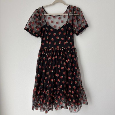 Hot Topic Dress Women's Small Black Red Glitter Strawberries Fit & Flare Tulle