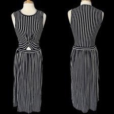 Warehouse Navy Blue Striped Midi Dress Size US 4 Cut Out Resort Wear Coastal