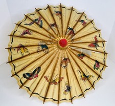 Vtg Hand Painted Chinese Bamboo Rice Paper Wood Umbrella Parasol READ Condition