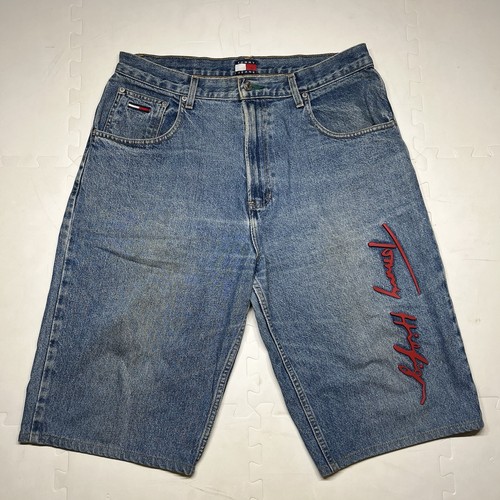 Vintage Tommy Hilfiger Jorts Denim Spellout Signature Jeans Shorts 36 Baggy 90s Y2K
