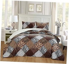 GrandLinen 3 Piece Queen Size Dark Brown Black Animal Print Safari Comforter