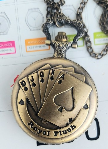 Retro Royal Flush Poker Card Pattern Quartz Pocket Watch Necklace Pendant Chain - Picture 2 of 4
