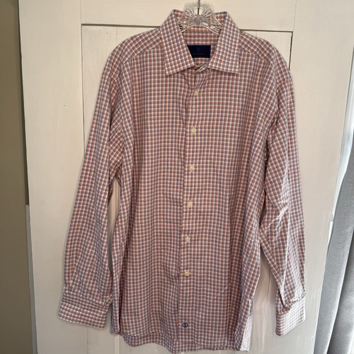 Camisa de hombre David Donahue 17 34/35 naranja azul a cuadros 100 % algodón con botones - Imagen 2 de 7