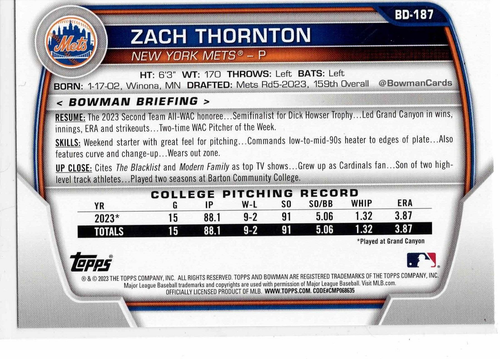 Zach Thornton New York Mets 2023 Bowman Draft 1st Bowman - Bild 2 von 2