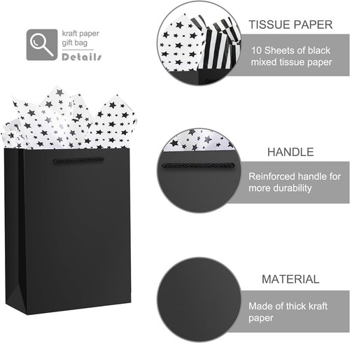 OfficeCastle 4 Pack Black Gift Bags with Tissue Medium (Pack of 4),  - Picture 3 of 7