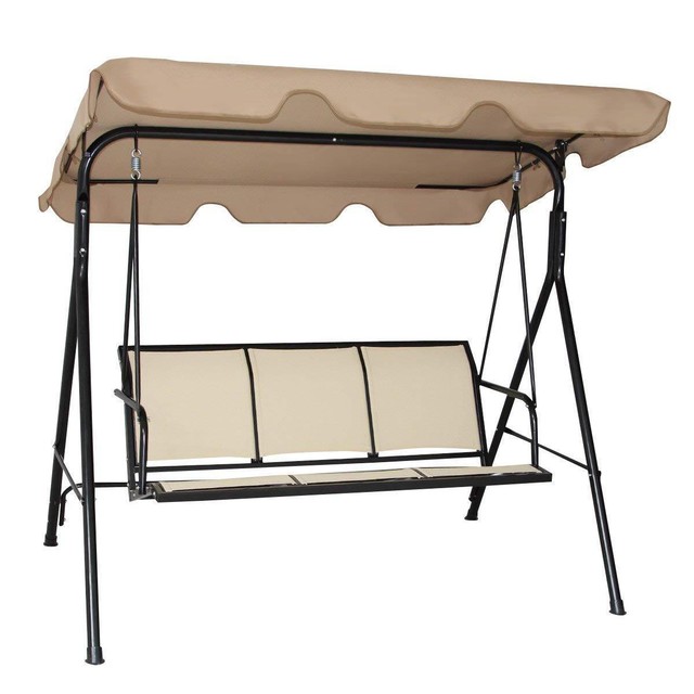 3 Seat Beige Brown Swinging Hammock Chair Bench Swing Sofa Canopy Outdoor Garden