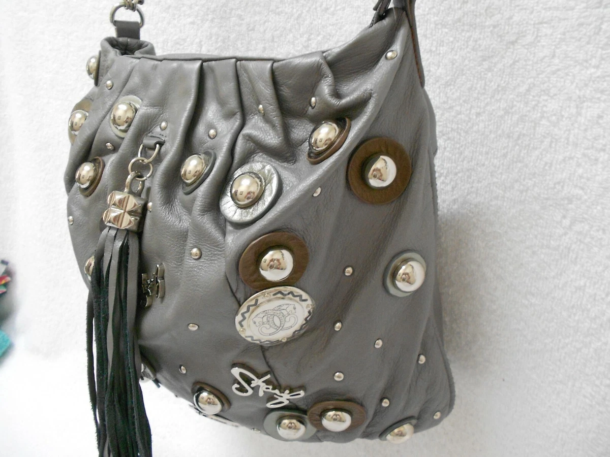 Designer handbag by Sharif Gray Fringe hobo leather shoulder bag Silver Studded