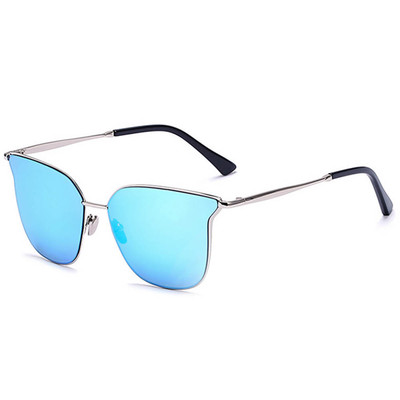 86009 C6 CATEYE FASHION SUNGLASSES METAL SILVER FRAME BLUE MIRROR LENS