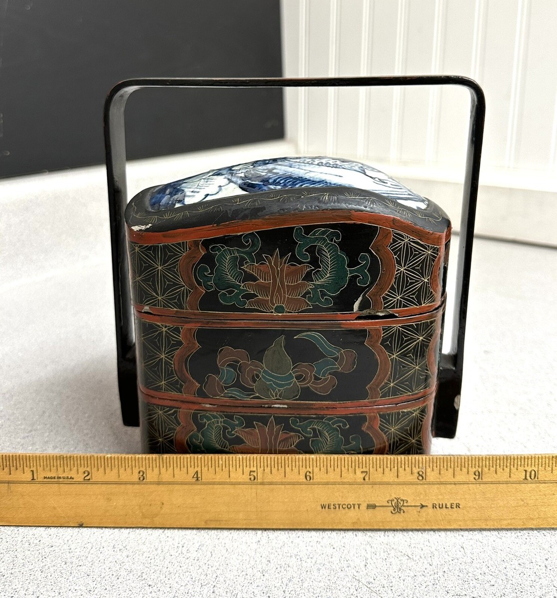 Vintage Chinese Wood Red Lacquer Stacking/Lunch Box - Porcelain