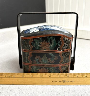 Vintage Chinese Wood Red Lacquer Stacking/Lunch Box - Porcelain