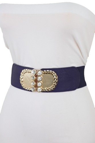 Women Dark Blue Elastic Waistband Elastic Belt Bling Gold Metal Buckle Size S M - Picture 6 of 22
