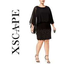 XSCAPE, Embellished Beaded Sheer Capelet Overlay Shift Dress, Black