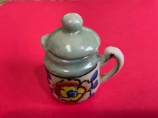 VINTAGE MINIATURE POTTERY PITCHER w/LID - GLAZED FLORAL DESIGN 2” TALL