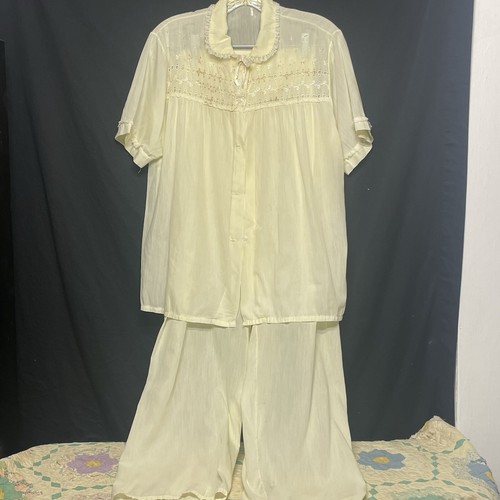 Vintage Baumwolle Pyjama Set Damen 2-teilig weich gelb Spitze Schleife Kurzarm Sommer Schlafanzug