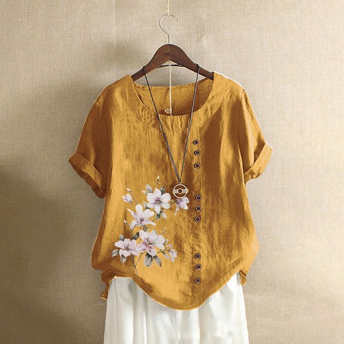 Women Cotton Linen Plain Blouse T-Shirt Ladies Baggy Short Sleeve Tops Plus size - Picture 16 of 41