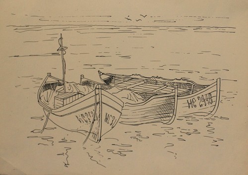 Vintage Druck Boote an der Meereslandschaft festgemacht - Bild 4 von 9