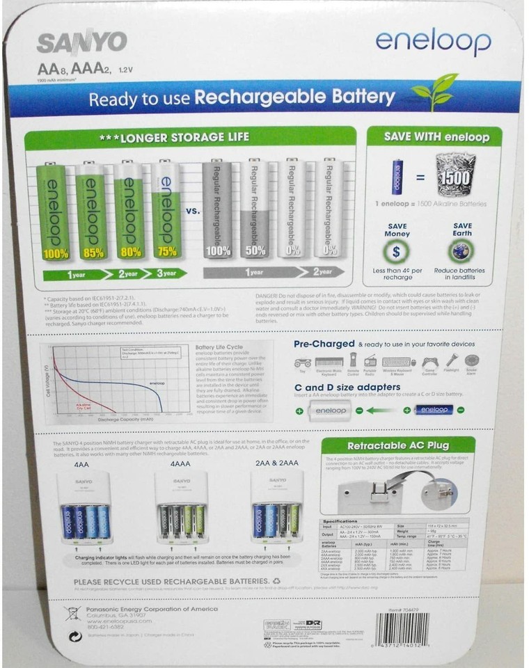 BRAND NEW SANYO ENELOOP 8 AA & 2 AAA BATTERIES W/ CHARGER & 2 C and 2 D ...