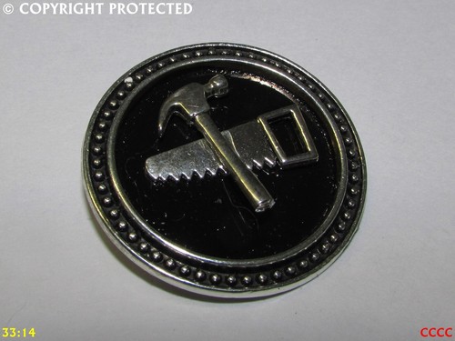 steampunk brooch badge pin silver hammer saw carpenter joiner tree wood #RB17 - Picture 3 of 4