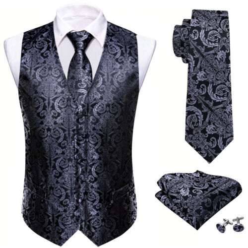 50 Colors ! Hi-Tie Mens Waistcoat Formal Casual Wedding Vest Suit Tie Set UK - Picture 31 of 230
