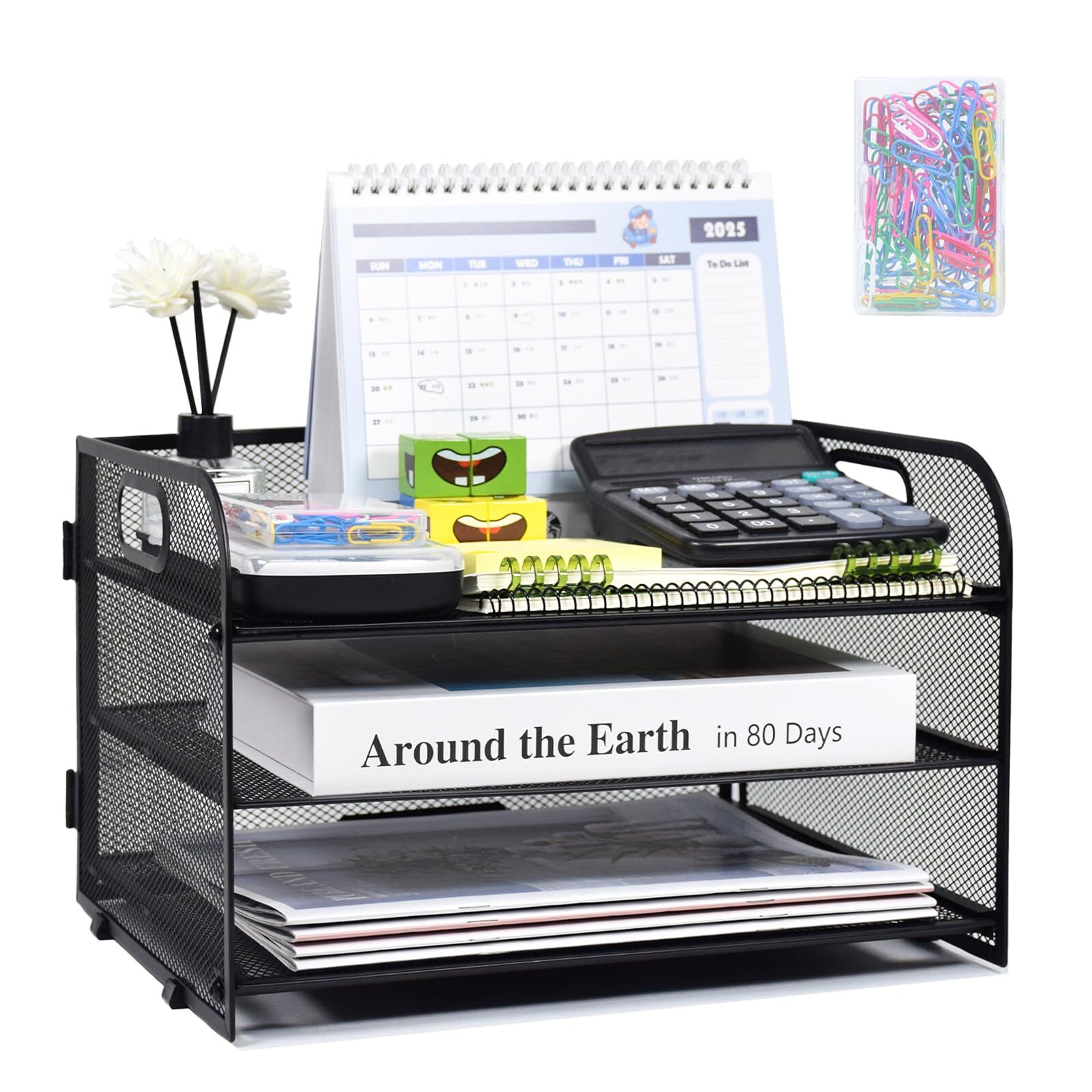 3 Tier Paper Organizer Letter Tray with Handle Black Mesh Desk File Organizer...-image