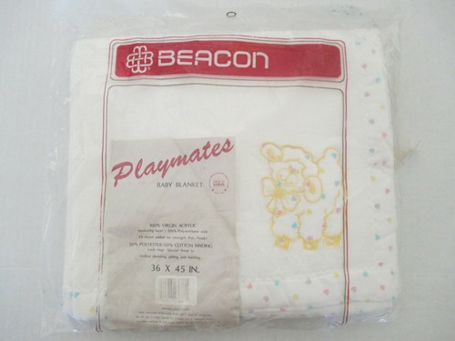 NEW VINTAGE BEACON BABY BLANKET WHITE W/LAMB & HEARTS 36"X 45" USA MADE SEALED - Picture 1 of 6