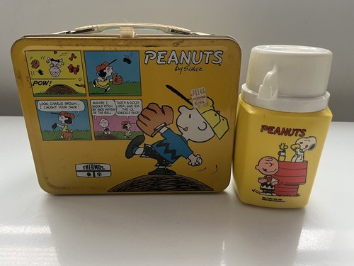 The Peanuts Snoopy Charile Brown 1980s Metal Lunchbox with Thermos Yellow - Picture 12 of 14