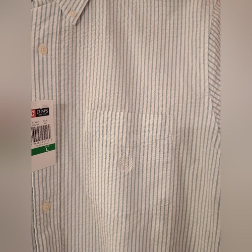 NWT Vintage Light Blue Large Chaps Striped Seersucker Short Sleeve Shirt - Picture 3 of 14