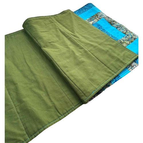 NEW Handmade Blue Green Batik Rail Block Long Table Runner Olive Back Reversible - Picture 3 of 3